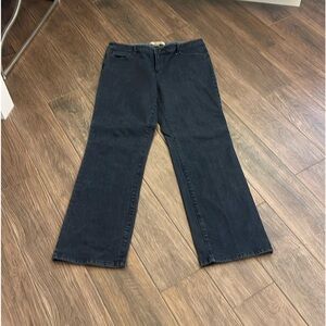 Charcoal gray mid-rise, boot-cut jeans, size 14. Brand is Motto.